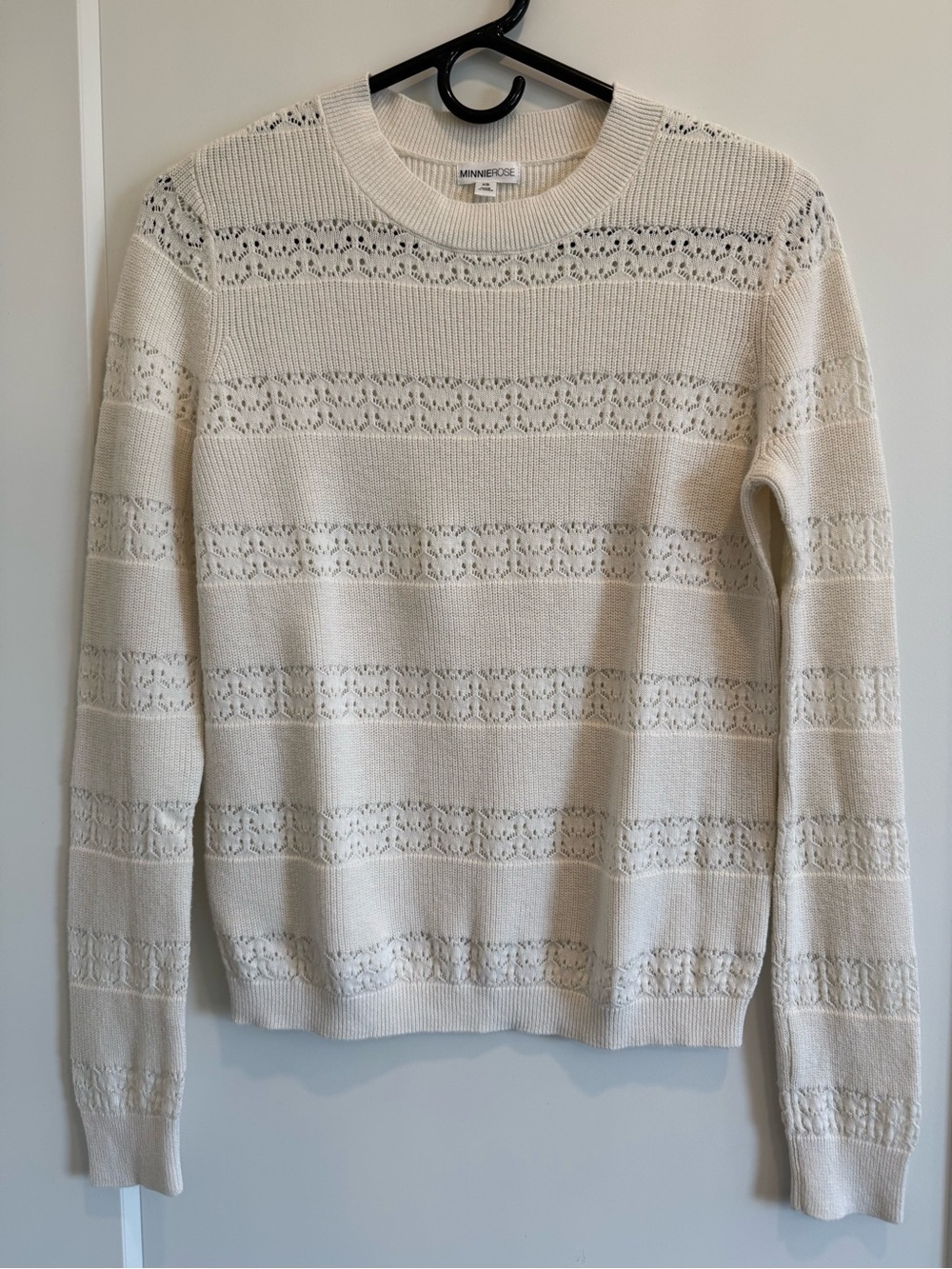 Minnie Rose Cotton Cashmere Pointelle Stripe Crew Sweater Creamy White